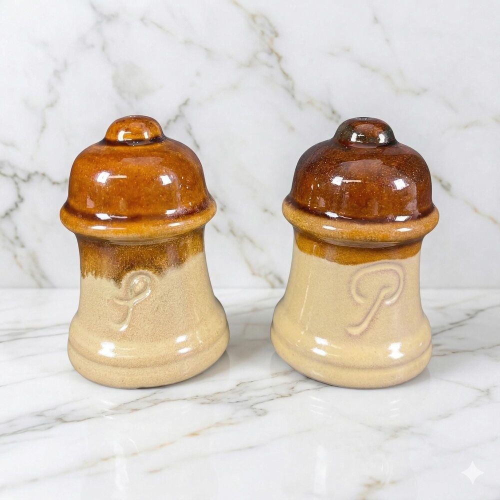 Vintage Retro Ceramic Salt Pepper Shakers Bell Brown Beige Embossed